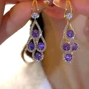 New Gold and Purple Radiant Cubic Zirconia Drop Earrings